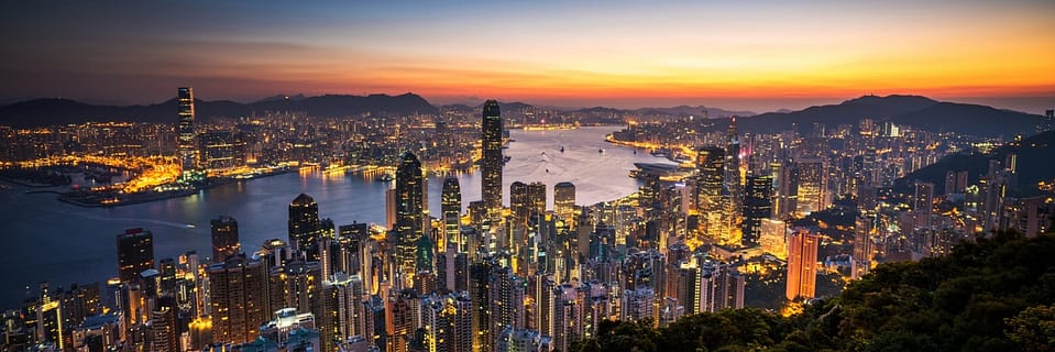 Hong Kong sunrise panoramic view from The Peak view point.